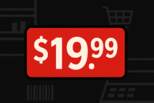 $19.99 price tag, Background includes subtle cues like a store shelf, shopping cart icon, barcode, or cash register keys