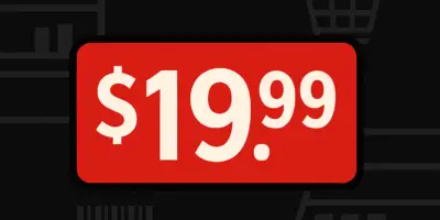 $19.99 price tag, Background includes subtle cues like a store shelf, shopping cart icon, barcode, or cash register keys