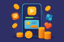 symbolic elements like smartphones, digital coins, progress bars, pop-up offers, or stylized app icons