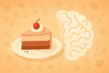 A digital illustration showing a slice of layered cake with a cherry on top on a white plate, gradually transforming into a brain shape made of sugar granules