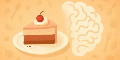 A digital illustration showing a slice of layered cake with a cherry on top on a white plate, gradually transforming into a brain shape made of sugar granules