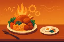 stylized dinner table with an exaggerated large plate of food on one side and a small, minimal plate on the other. Include symbolic elements representing metabolism, such as abstract flames, gears, or wave patterns around the food
