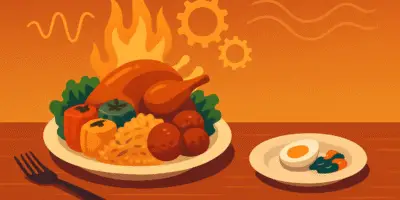 stylized dinner table with an exaggerated large plate of food on one side and a small, minimal plate on the other. Include symbolic elements representing metabolism, such as abstract flames, gears, or wave patterns around the food