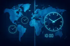 a stylized world map showing time zones, the Prime Meridian, and clock icons or abstract representations of time (e.g., gears, glowing clock faces, digital time overlays)
