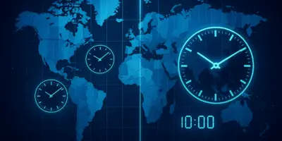 a stylized world map showing time zones, the Prime Meridian, and clock icons or abstract representations of time (e.g., gears, glowing clock faces, digital time overlays)