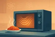 a microwave oven emitting glowing waves toward a steaming plate of food. The setting is a modern, minimal kitchen
