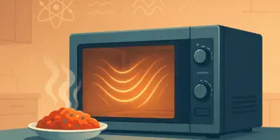 a microwave oven emitting glowing waves toward a steaming plate of food. The setting is a modern, minimal kitchen