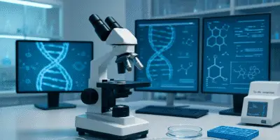 a modern scientific research lab scene focused on high-tech equipment like microscopes, petri dishes, gene sequencing tools, and digital screens displaying DNA strands or chemical formulas