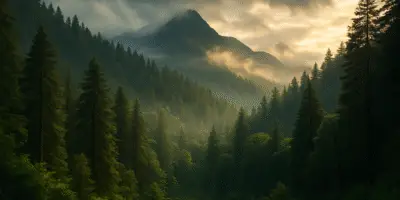 natural forest scene that conveys beauty, scale, and a sense of environmental urgency. Use lush greenery, misty or dramatic lighting, and layered depth with mountains or forest canopies