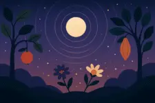 Stylized nighttime landscape with full moon, symbolic sound waves, fruit trees, and glowing particles representing bat echolocation and pollination in nature.