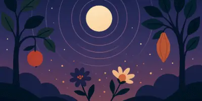 Stylized nighttime landscape with full moon, symbolic sound waves, fruit trees, and glowing particles representing bat echolocation and pollination in nature.