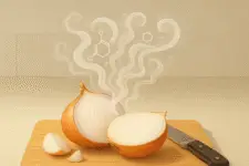a sliced onion releasing swirling chemical vapor trails rising into the air, symbolizing a chemical reaction. The background is a soft kitchen countertop setting with a cutting board and knife, viewed from above.