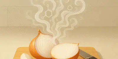 a sliced onion releasing swirling chemical vapor trails rising into the air, symbolizing a chemical reaction. The background is a soft kitchen countertop setting with a cutting board and knife, viewed from above.