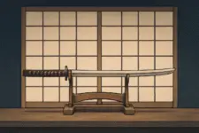 a traditional Japanese katana resting on a wooden stand, placed in front of a stylized shoji screen. Behind the sword, soft ambient lighting casts gentle shadows, evoking a solemn, historical atmosphere