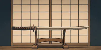 a traditional Japanese katana resting on a wooden stand, placed in front of a stylized shoji screen. Behind the sword, soft ambient lighting casts gentle shadows, evoking a solemn, historical atmosphere